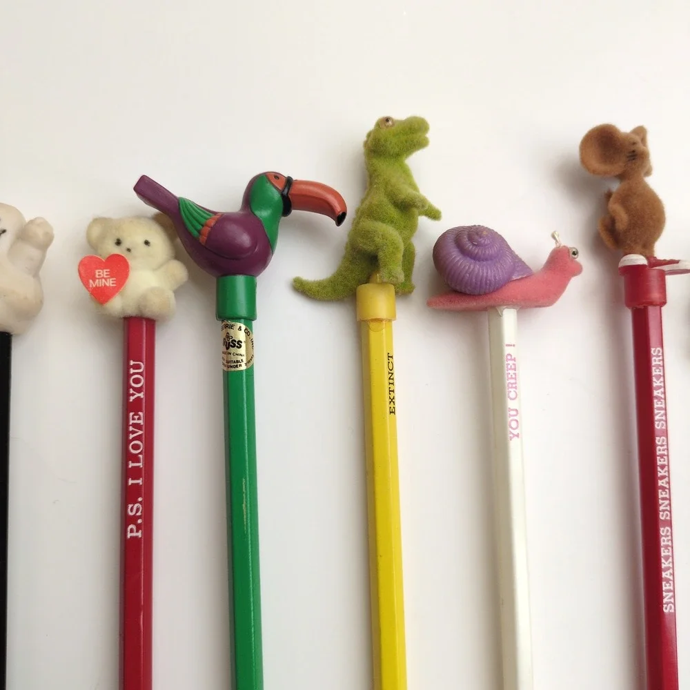 11 Vtg 80s 90s Russ Novelty Unused Pencils w/ Toppers Animal Holiday Fuzzy